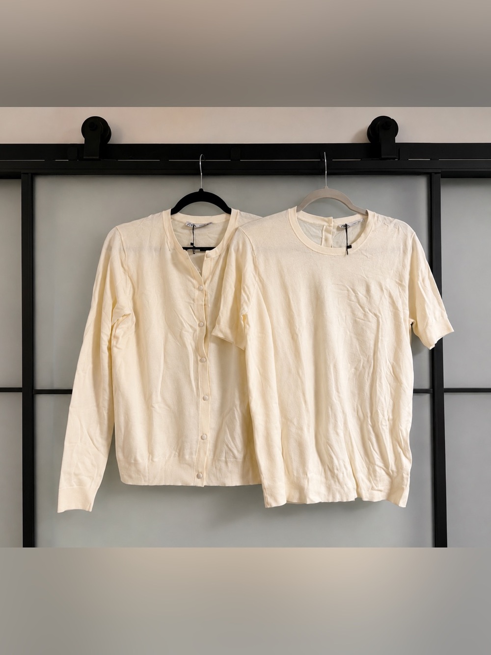🆕 Zara Pale Cream Crewneck Sweater and Button Cardigan Set